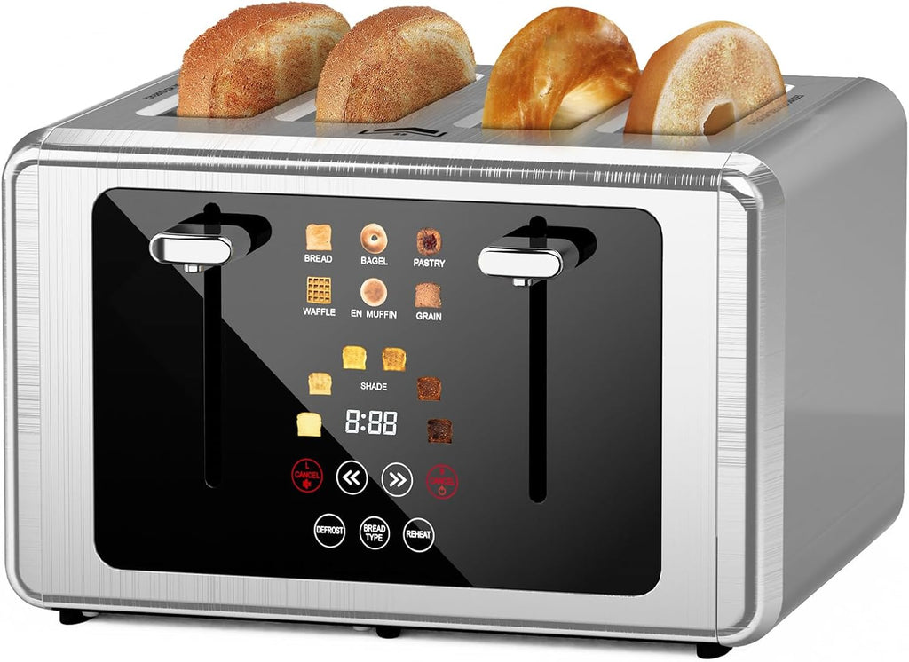 4 Slice Toaster, Touchscreen & Dual Independent Control Panel，5 Basic Functions & Digital Countdown Toasters, 6 Shade Settings＆6 Bread Types, Smart Bread Maker Mute/Screen-Off,Brushed steel