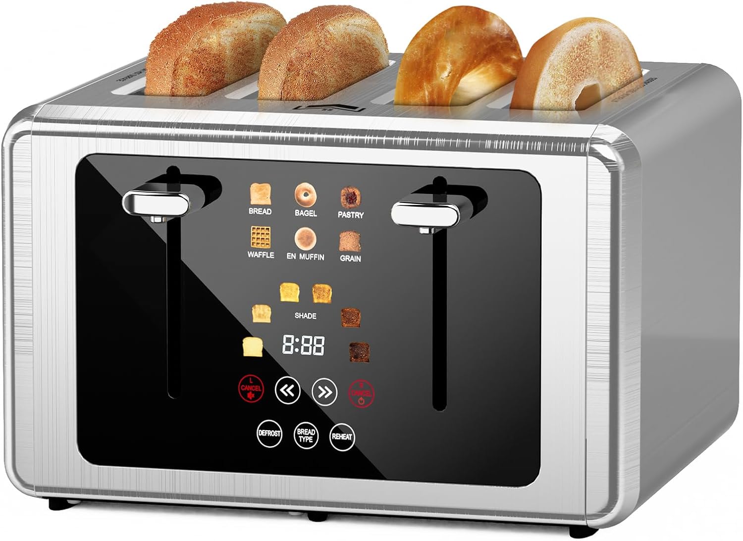 4 Slice Toaster, Touchscreen & Dual Independent Control Panel，5 Basic Functions & Digital Countdown Toasters, 6 Shade Settings＆6 Bread Types, Smart Bread Maker Mute/Screen-Off,Brushed steel