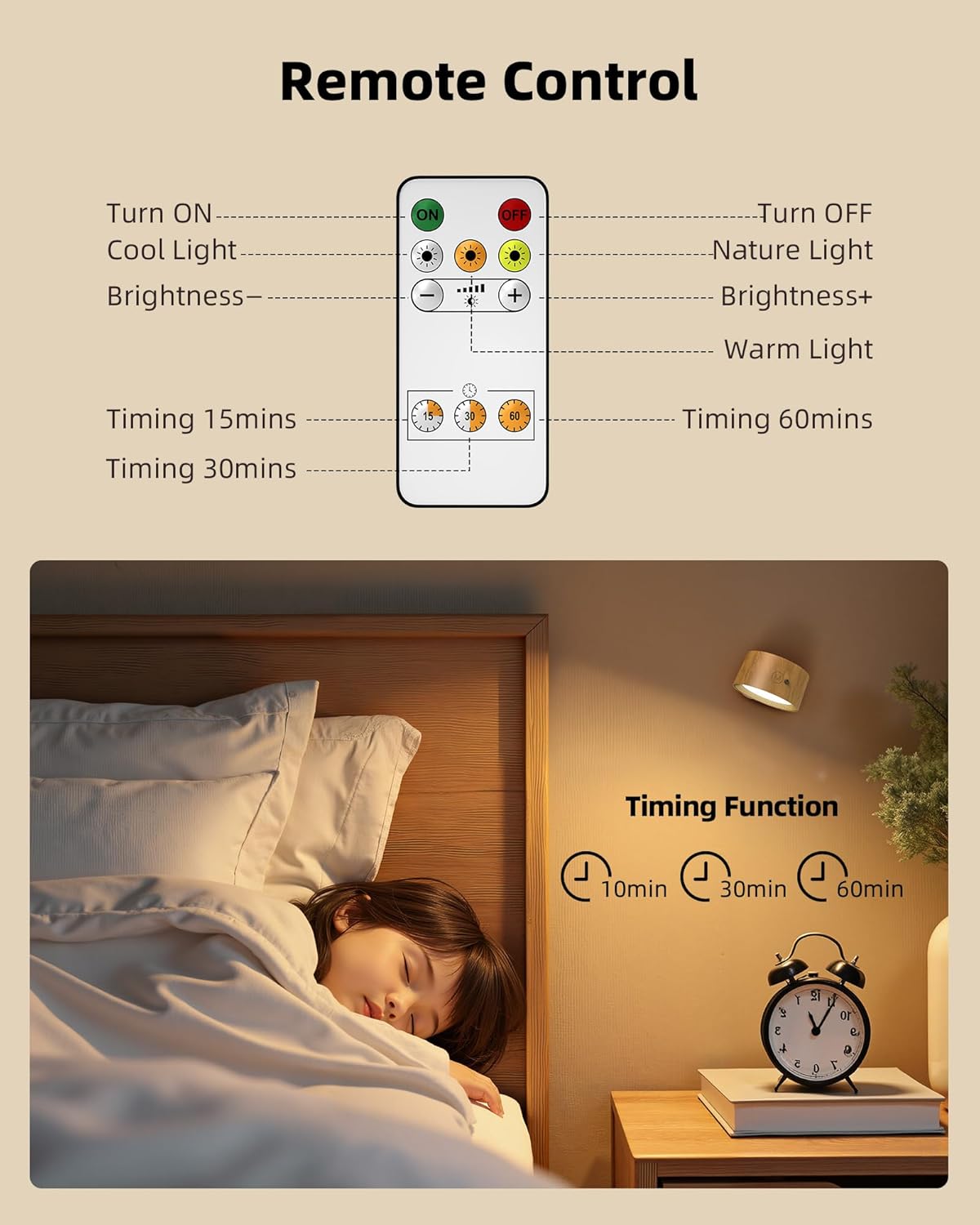 LED Wall Mounted Lights, Rechargeable Wall Sconces Lamp, 3 Color Temps & Remote and Touch, 360°Rotation Dimmable Cordless Wall Light for Study Bedroom Reading Bedside(Wood, 1 Pack)