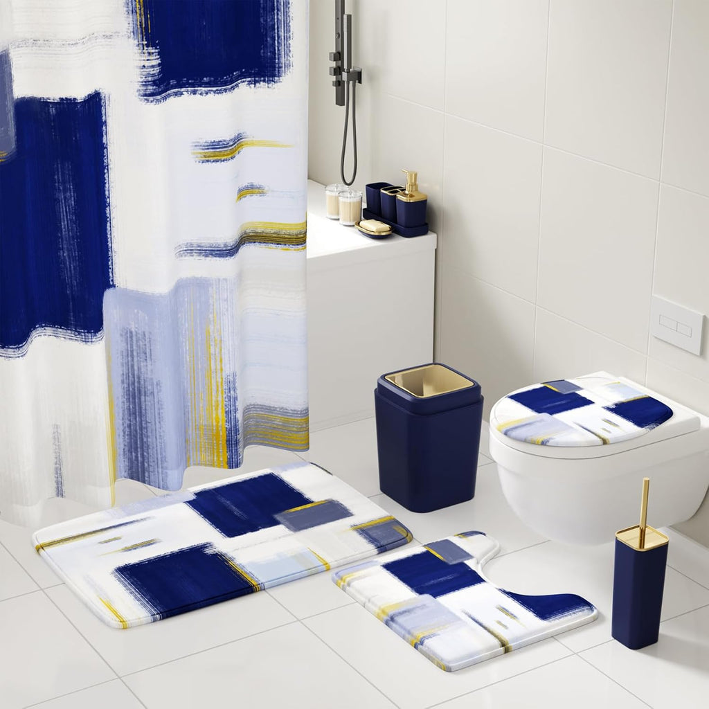 Bathroom Accessories Set - 26PCS Navy Blue Bathroom Set, Bathroom Accessory Set with Shower Curtain and Rugs and Bathtub Mats for Home