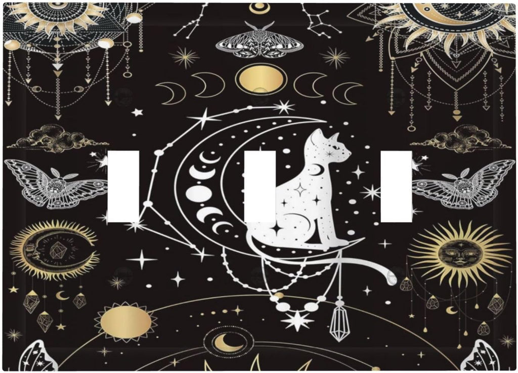 White Cat Tarot Moon Phases Moth Celestial Gothic Decorative Switch Plates 3 Gang Wall Plate Triple Toggle Light Switch Cover Faceplate Electrical Wall Panels for Kids Room Bedroom Decor