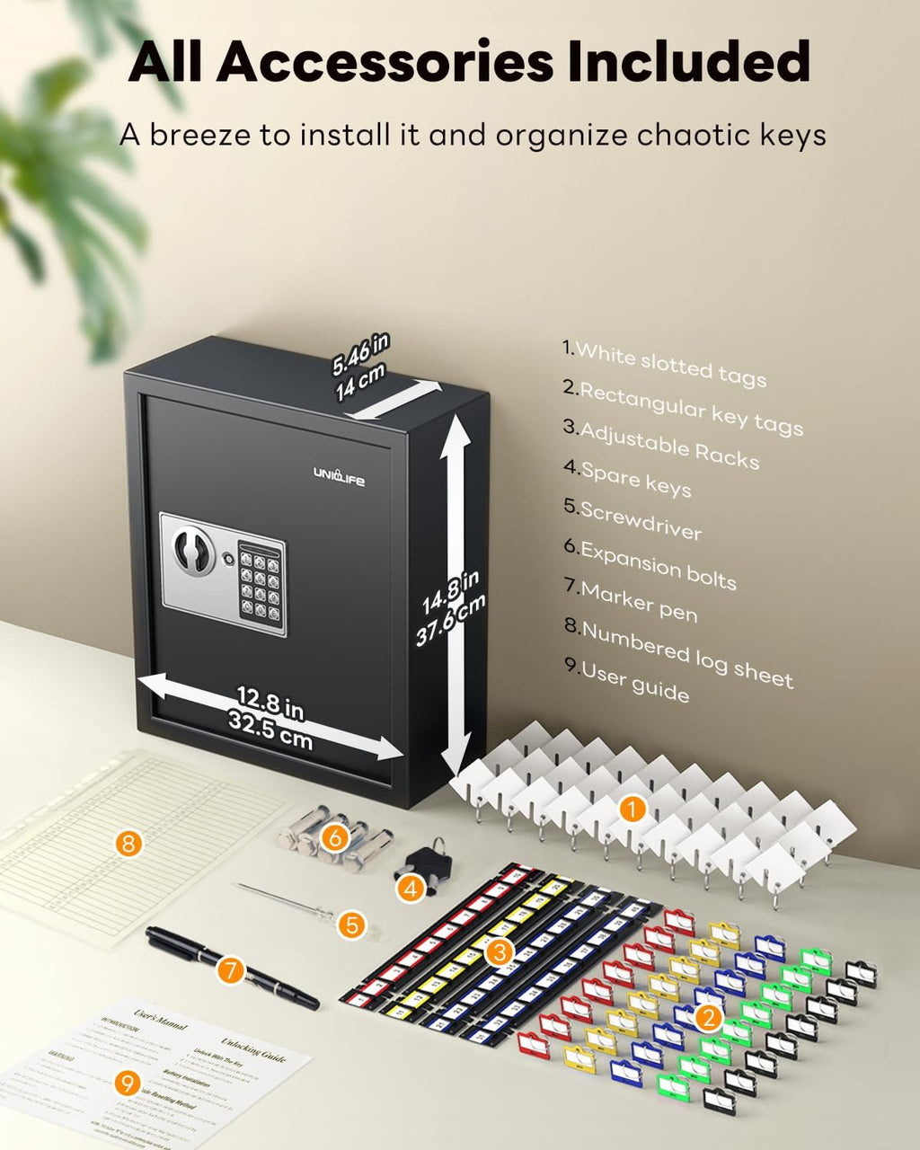 Uniclife 70 Position Key Cabinet with Combination & Key Lock Wall Mounted Security Keys Safe Key Organizer Black Digital with Keypad Adjustable Racks Key Tags & Permanent Pen (Batteries Not Included)