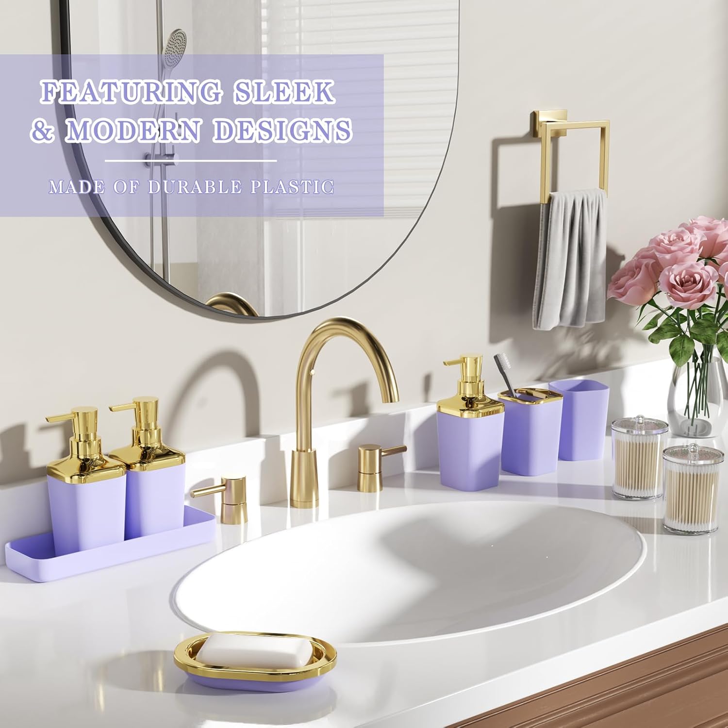Bathroom Accessory Set, 11PC Bathroom Set, Purple Bathroom Accessories, Bathroom Accessories Set with Trash Can, 3PC Soap Dispensers and Toilet Brush