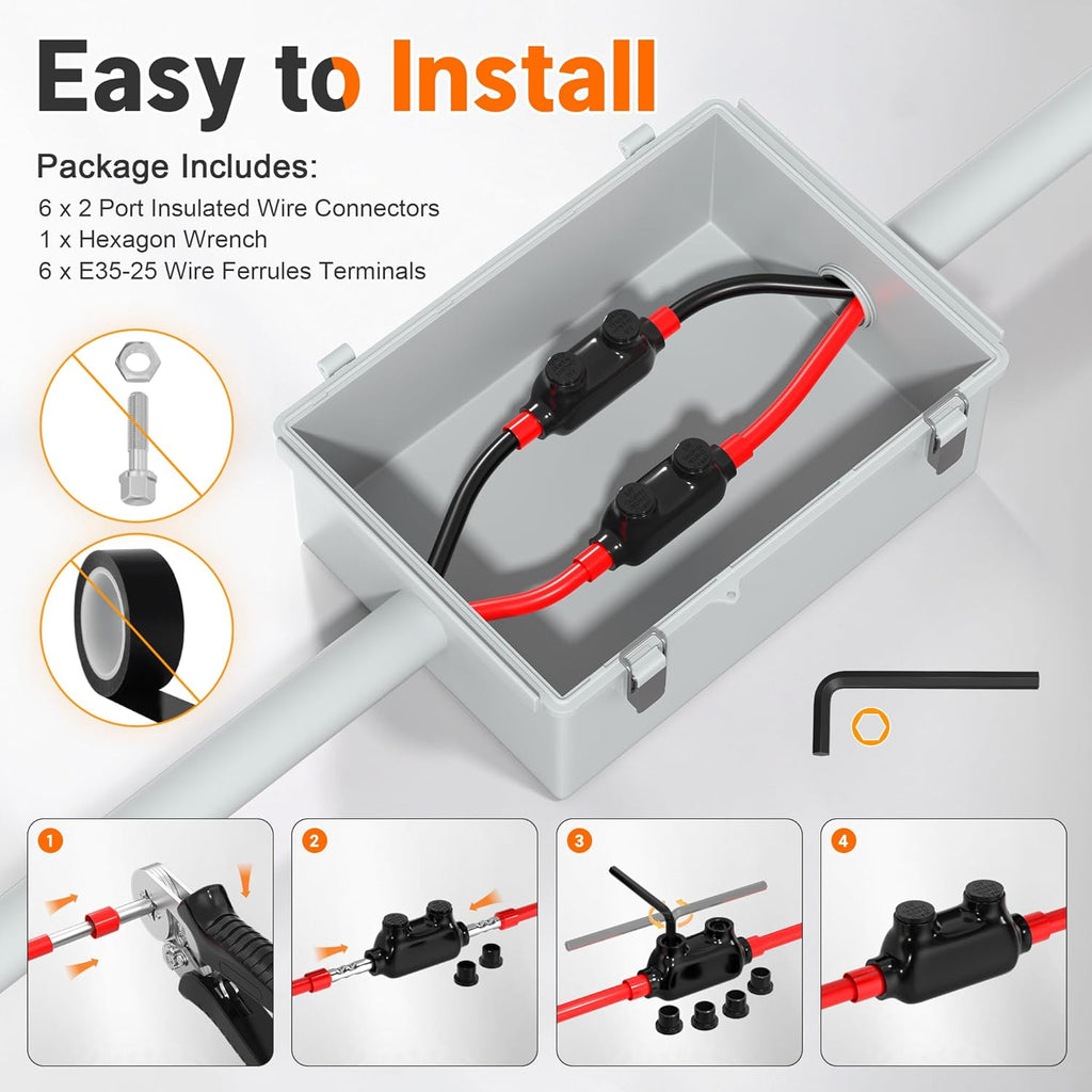 Joinfworld 2 Port Inline Splice Connector 1/0-14AWG Aluminum to Copper Wire Connectors Insulated Wire Connectors UL Listed Wire Cable Connectors with Slotted Allen Hex - 6 Pack