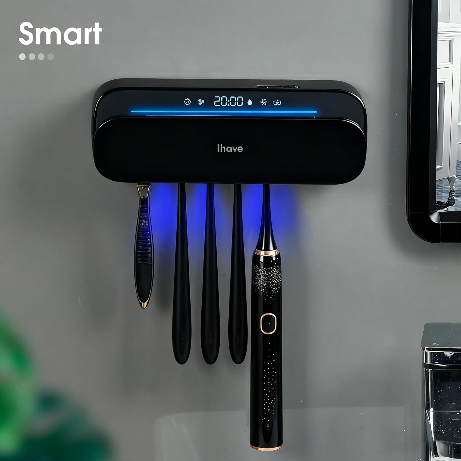 iHave Toothbrush Sanitizer and Holder, UV Toothbrush Holders for Bathrooms with 100M Negative Ions for 360° Disinfection, Mold Control & Odor Neutralization, 5-Slot Turbofan Drying Toothbrush Holder