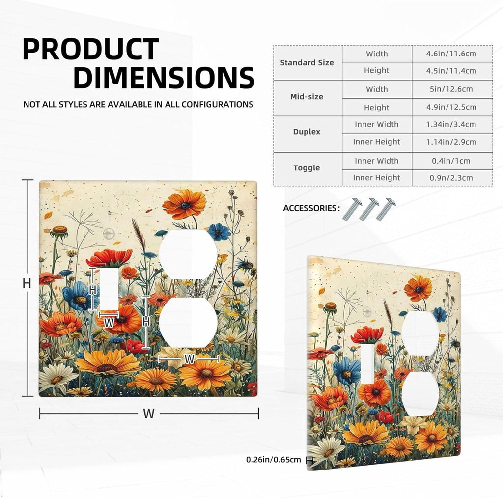 Outlet Covers Colorful Flowers Wildflowers Plants Orange Yellow Blue 1 Toggle 1 Duplex Switch Plate Covers Electrical Light Switch Cover Plate Decorative Wall Plate Socket Cover for Home Farmhouse