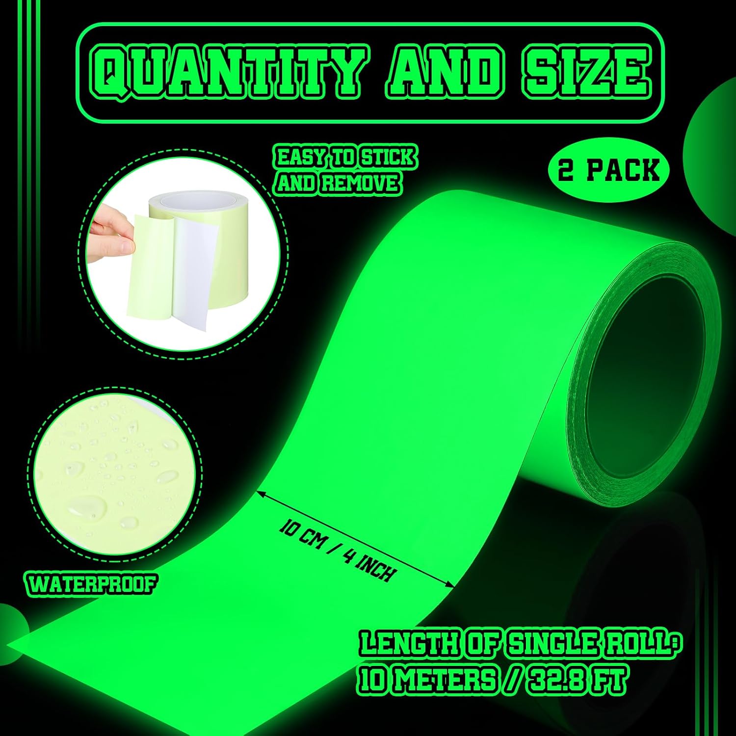 2 Rolls Glow in The Dark Tape 32.8 ft x 4 Inch Luminous Phosphorescence Green Long Lasting Bright Glow Tape for Halloween Night Decorations, Theater Stages, Stairs, Walls, Steps and Exit Sign