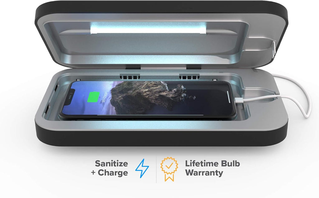 PhoneSoap 3 UV Cell Phone Sanitizer & Dual Universal Cell Phone Charger Box | Patented & Clinically Proven 360-Degree UV-C Light Sanitizer | Disinfects and Charges All Phones (Black)