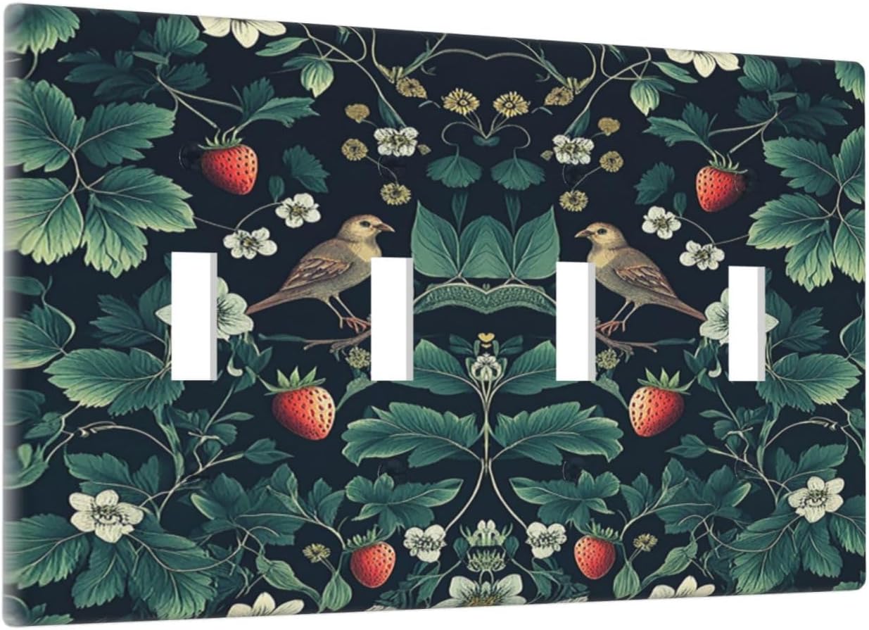 Light Switch Covers Strawberry Birds Flowers Plant Morris Floral Quad Toggle Electrical Faceplate 4 Gang Wall Plate Decorative Switch Plates for Bedroom Farmhouse Decor