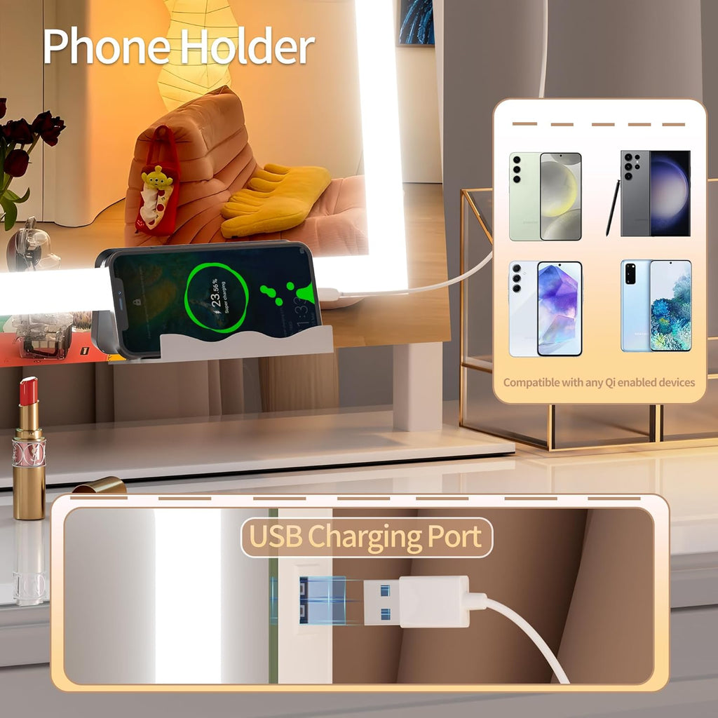 Hasipu Vanity Mirror with Lights and Bluetooth Speaker, 29.5" x 21.3" LED Makeup Mirror, Light up Mirror with 10X Magnification, USB Charging Port, Smart Touch 3 Colors Dimmable (White)