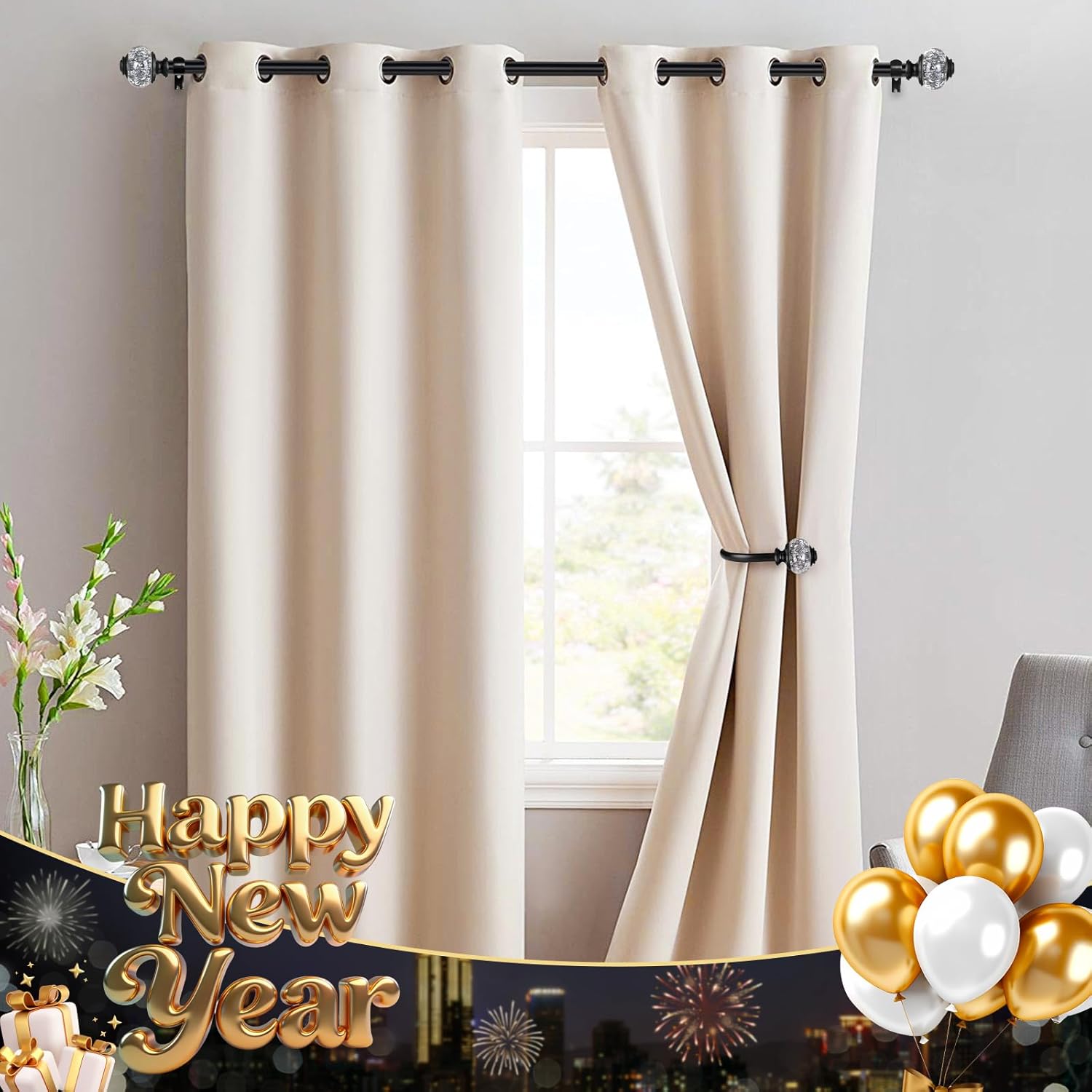 1 Inch Curtain Rods 72 to 144 Inches (6 to 12 ft) Telescoping Single Drapery Rod, USFOOK Black Curtain Rods for Windows 69 to 140 Inches, Decorative Translucent Finials