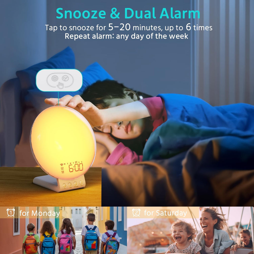 MOMILLA Sunrise Alarm Clock, 3 in 1 Wireless Charging Station, Smart App Control White Noise Sound Machine, Wake up Light, Sunset Night Light Alarm Clocks for Heavy Sleepers Kids