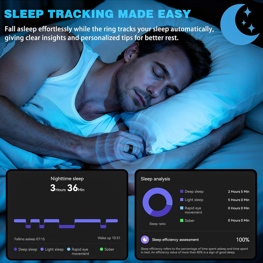 Smart Ring for Men Women, Fitness Ring with Sleep Tracker, IP68 Waterproof with Heart Rate, SpO2, Health Activity Trackers, Step Counting,Calorie Pedometer(Black 9)