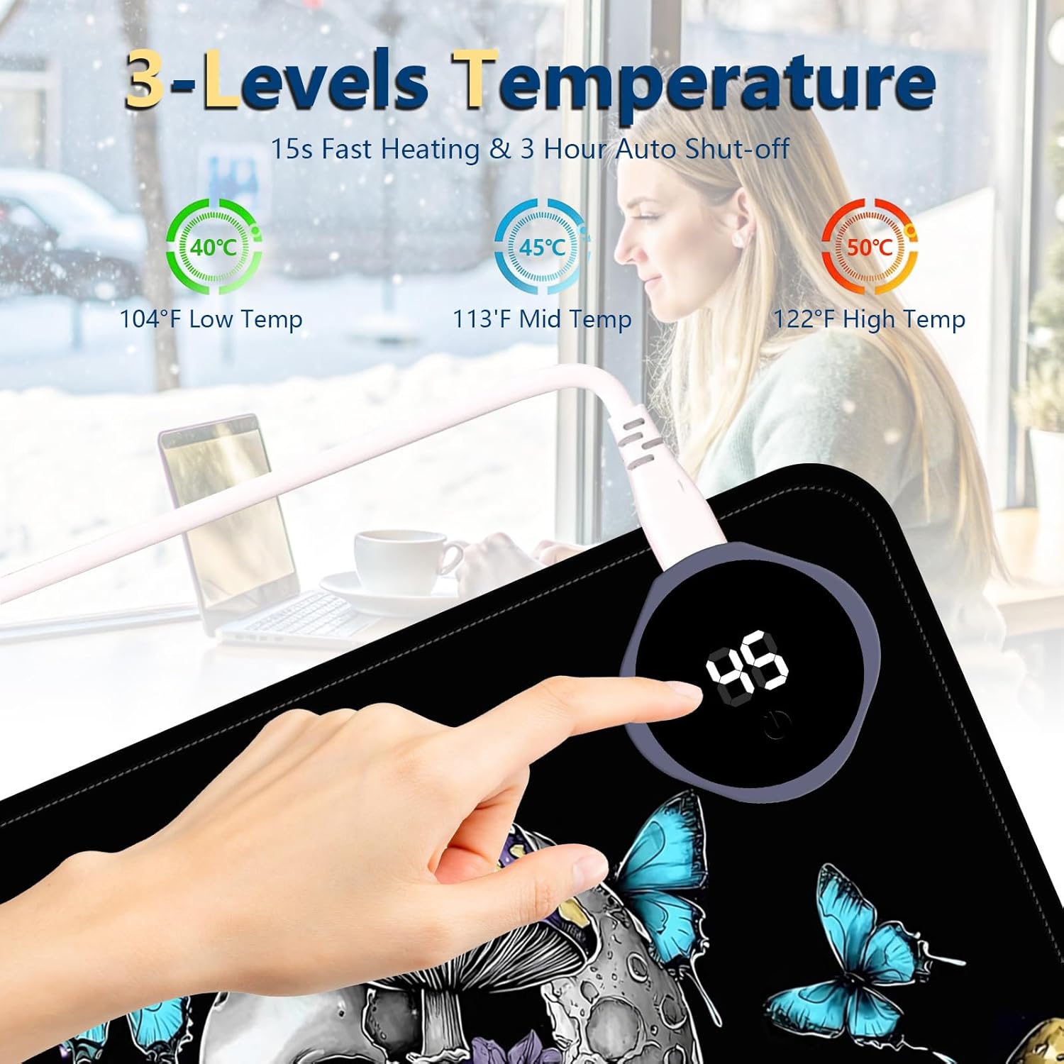 Heated Mouse Pad with 3 Temperature Settings(104°F–122°F),Large 24x14.2 Inch PU Leather Heated Desk Mat,Waterproof Warming Pad for Office,Gaming & Cold Hands Relief,Skeleton Moon Mushroom