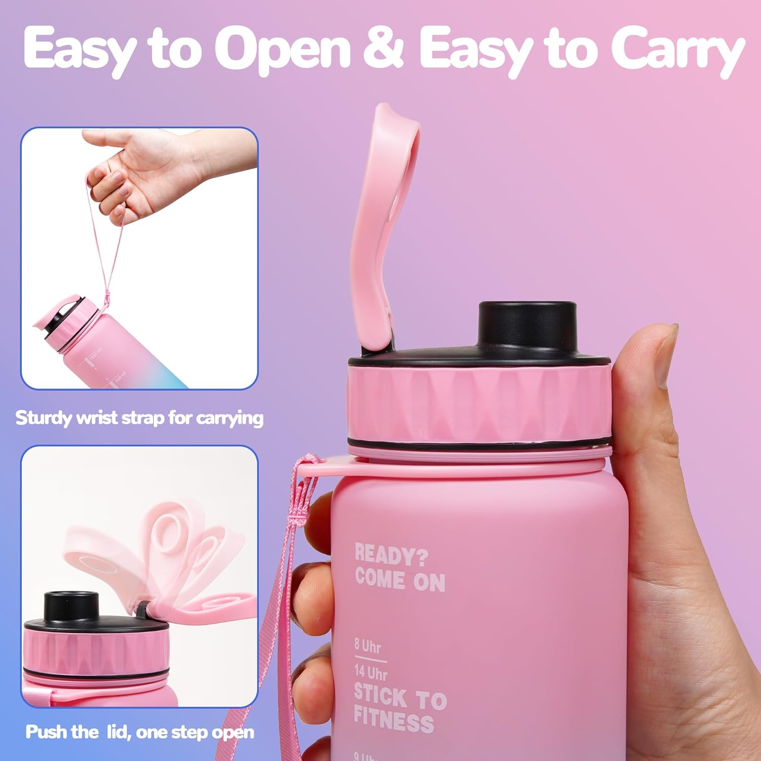 Large Water Bottle with Motivational Time Marker, Water Jug with Handle, Clear Sport Bottle for Gym Camping Workout Outdoors (22oz Pink)