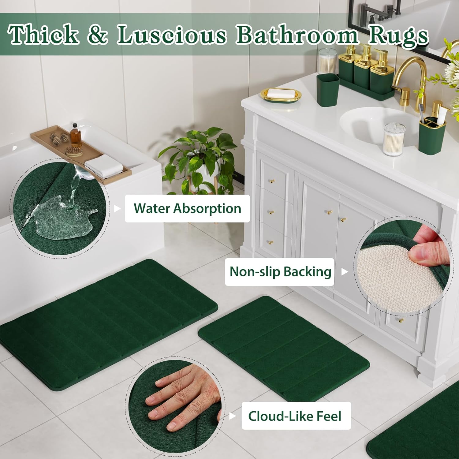 Bathroom Sets with Shower Curtain and Rugs, 27PC Bathroom Accessory Set, Green Bathroom Set, Green and Gold Bathroom Accessories Set with Trash Can, Toilet Brush and Soap Dispensers