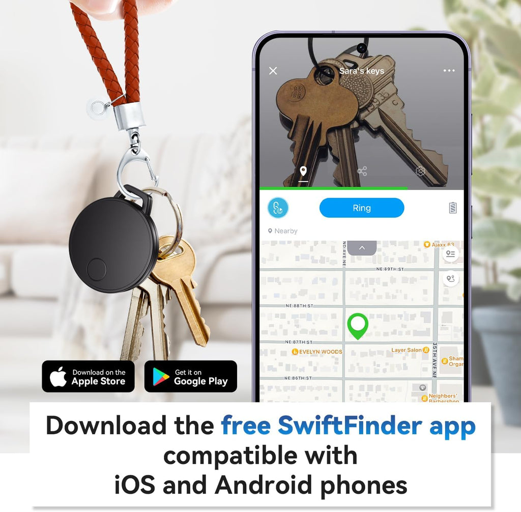 Keys Finder, Bluetooth Tracker and Item Locator for Keys, Bags, and More; Phone Finder, Android and iOS Compatible, Water Resistance, Replaceable Battery