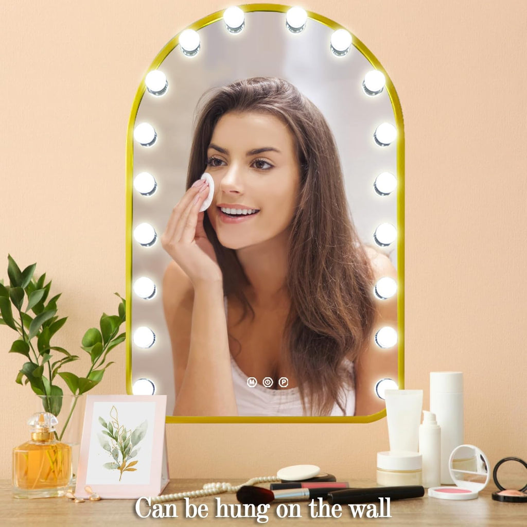 THEKLA Gold Arch Hollywood Vanity Mirror with Lights for Makeup Desk Table Wall Detachable Base Stand X10 Magnifying Dimmable 3 Color Lights 18 Bulbs