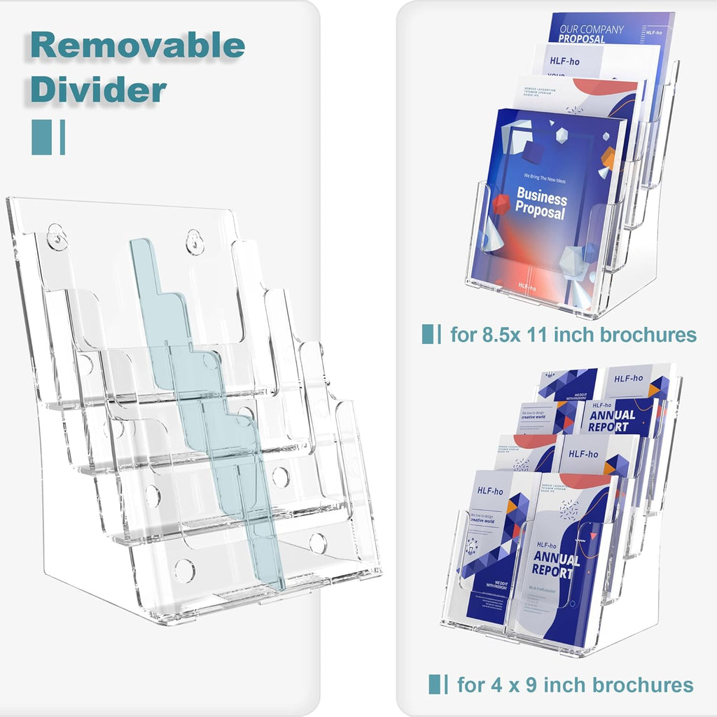 Brochure Holder 8.5x11 Inch 4 Tier with Removable Divider for 4x9 inch Clear Acrylic Pamphlet Display Stand Holder Countertop Use or Wall Mount for Office, Lobby, Hotel, Trade Show, 1 Pack