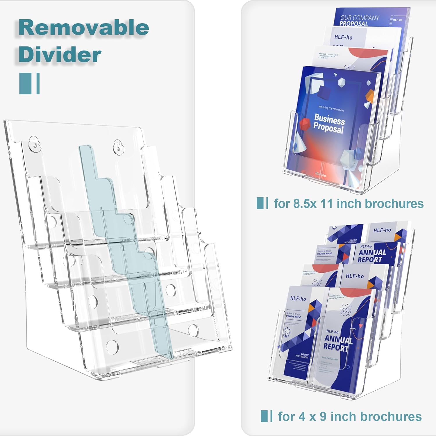 Brochure Holder 8.5x11 Inch 4 Tier with Removable Divider for 4x9 inch Clear Acrylic Pamphlet Display Stand Holder Countertop Use or Wall Mount for Office, Lobby, Hotel, Trade Show, 2 Pack