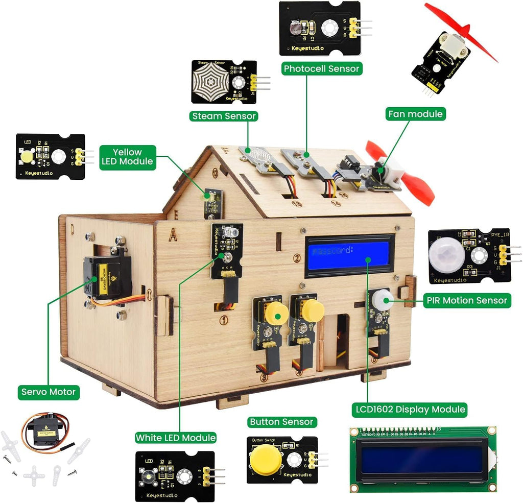 KEYESTUDIO Smart Home Starter Kit for Arduino for Uno R3, Electronics Home Automation Coding Kit, Wooden House DIY Sensor Kit STEM Educational Set for Adults Teens 15+