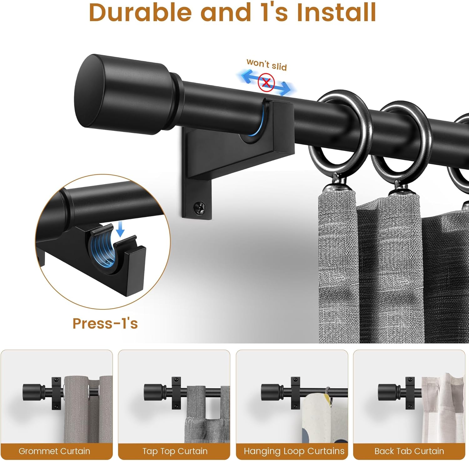 Black Aluminium Curtain Rods for Windows,1 Inch Adjustable Curtain Rod 72-144,Heavy Duty Drapery Rods with Thicken Bracket,Decorative Modern Single Rod with Aluminium Finials