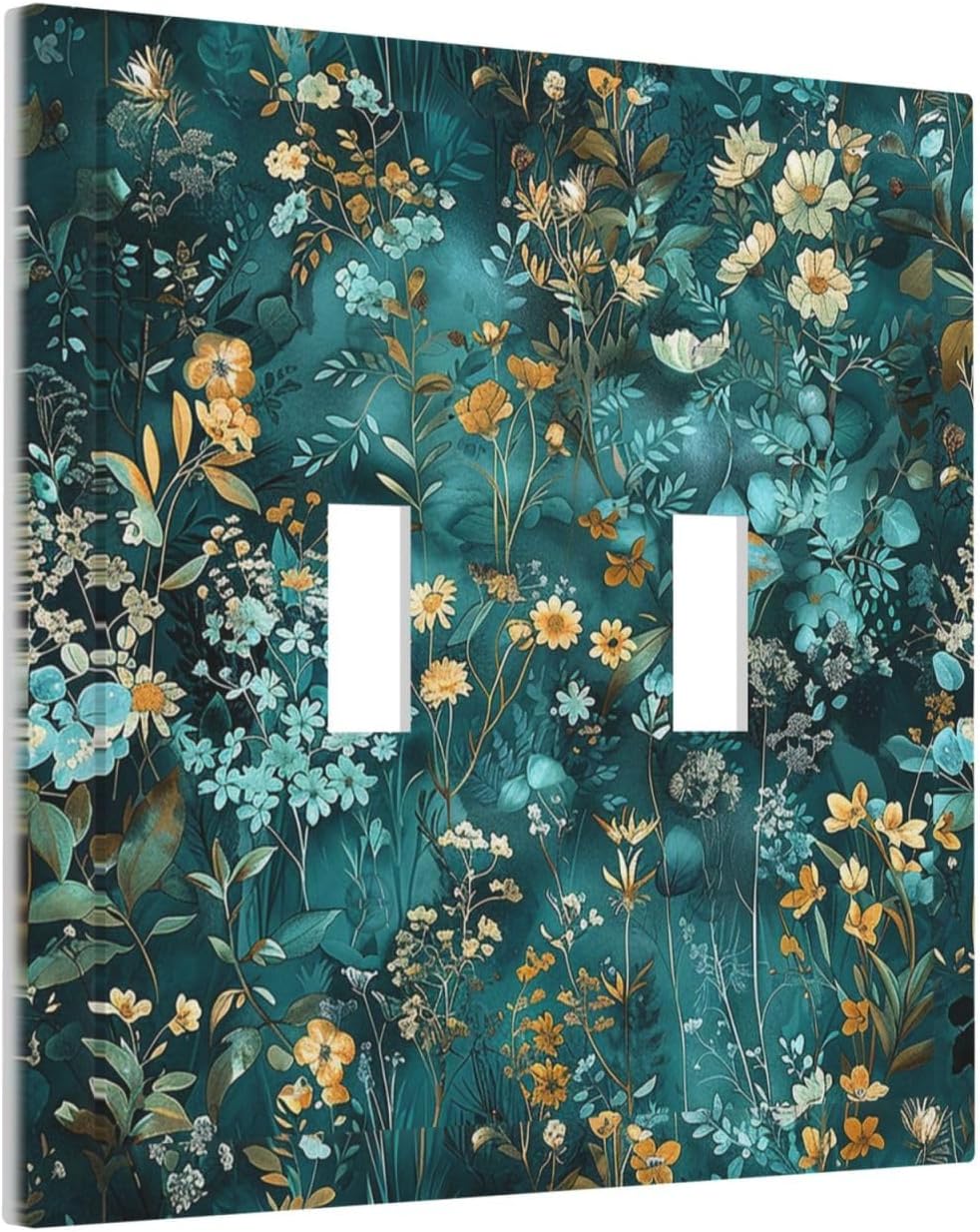 Decorative Switch Plates Green Leaf Floral Boho Golden Flower Plant 2 Gang Double Toggle Outlet Light Switch Cover Wall Plate Electrical Faceplate For Bed Room Cabin Decor