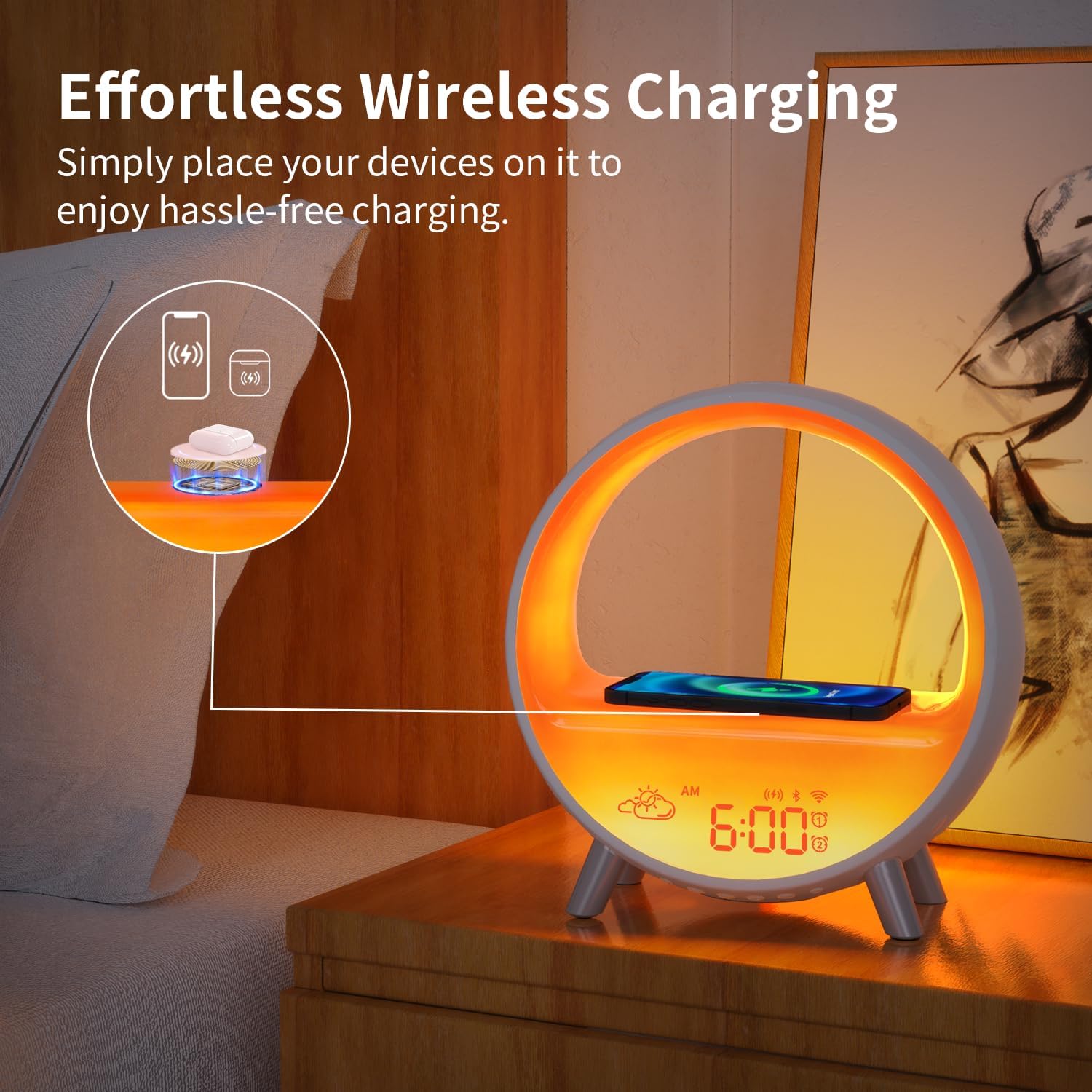 MOMILLA Smart Sunrise Alarm Clock with Wireless Charging, Wake up Light w/Bluetooth Speaker, Compatible with Airpods/iPhone, APP Control White Noise Sound Machine, Alarm Clocks for Bedrooms Adults