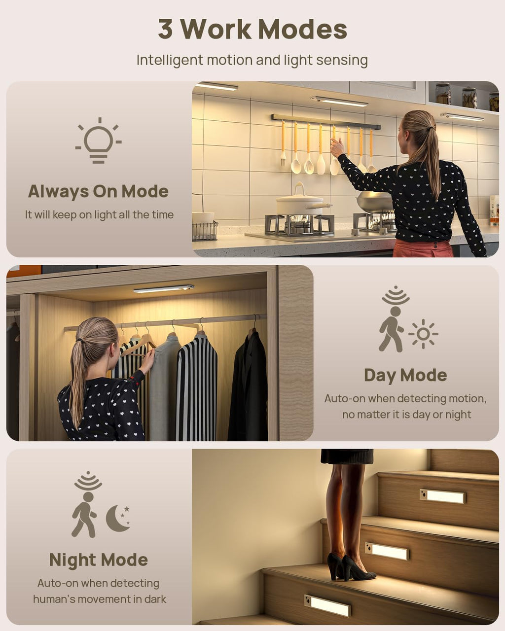 Under Cabinet Lights with Remote Control, USB Rechargeable Battery 180 Lumen Motion Sensor Indoor Light,3 Pack Wireless Under Counter Light,3 Color Dimmable Closet Lighting for Kitchen,Stairs,Wardrobe