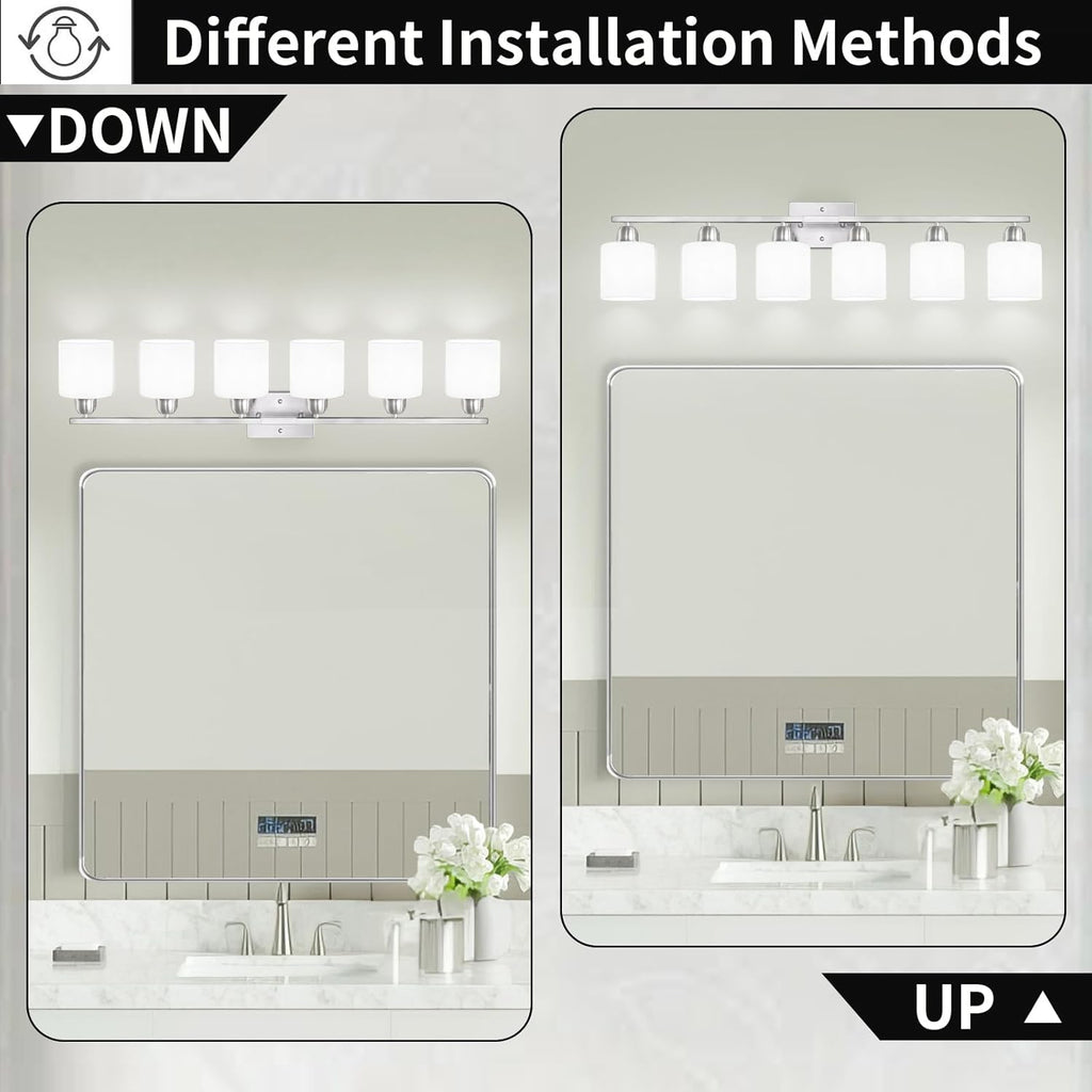 Brushed Nickel Vanity Light for Large Mirror, 6 Light Bathroom Lighting Fixtures Over Mirror with Milky White Frosted Glass Shades, 38 inch Bathroom Light for Mirrors, E26 Socket