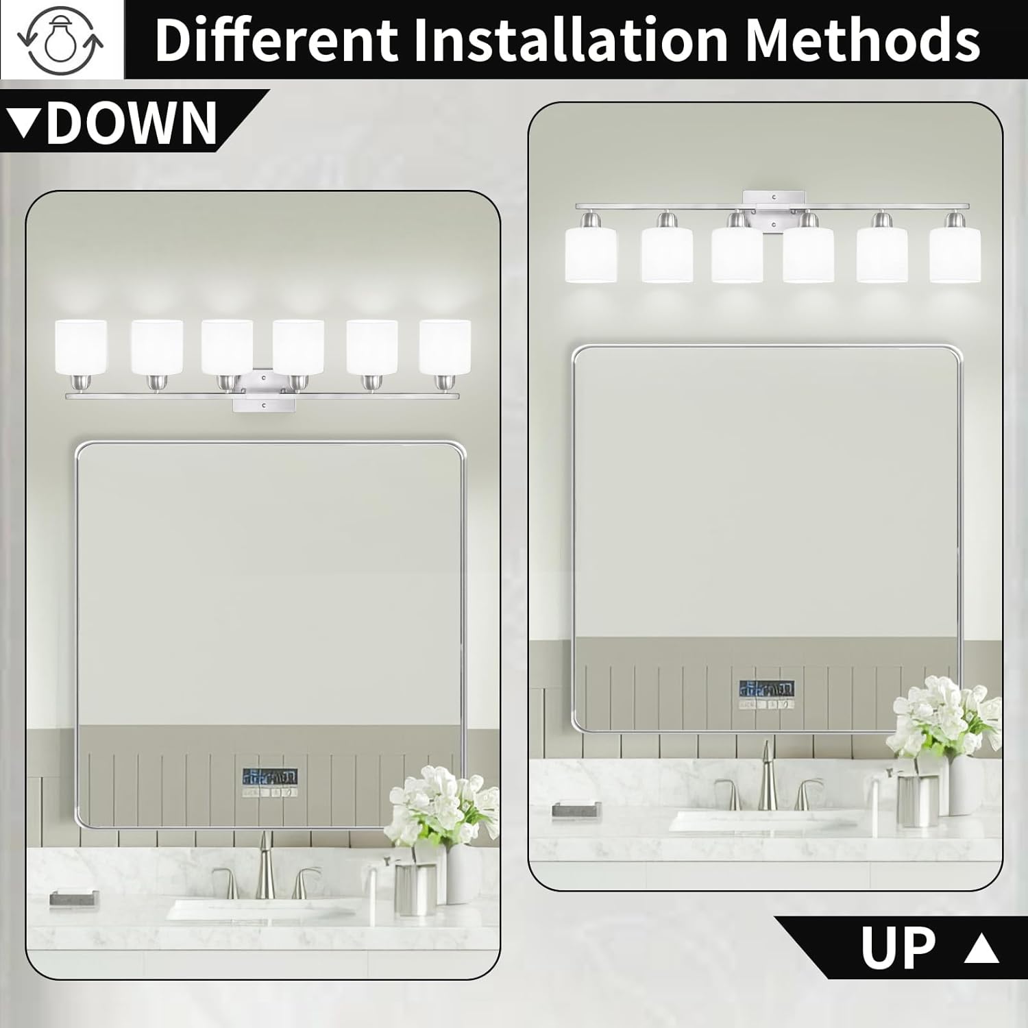 Brushed Nickel Vanity Light for Large Mirror, 6 Light Bathroom Lighting Fixtures Over Mirror with Milky White Frosted Glass Shades, 38 inch Bathroom Light for Mirrors, E26 Socket