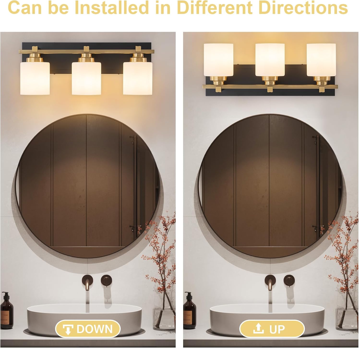 3 Light Modern Bathroom Light Fixtures Over Mirror, Black Gold Vanity Lights for Bathroom Wall Sconces with Milky White Glass Shades, E26 Socket (Bulbs Not Included)