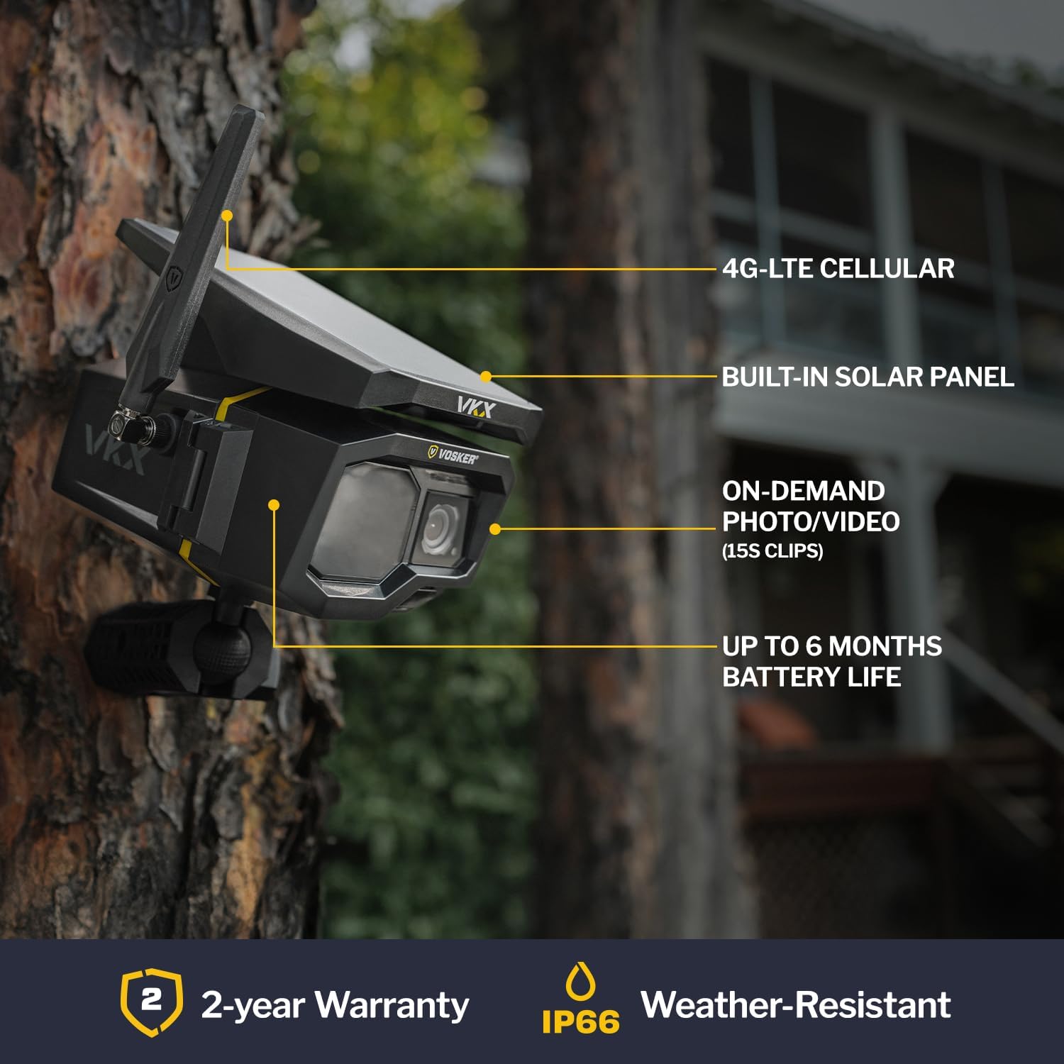 Vosker VKX Solar Powered 4G-LTE Outdoor Cellular Security Camera - No WiFi Needed, Motion Activated, Night Vision, SIM Card Included, On-Demand Mode - 15s Video Clips, IP65 Weather-Resistant
