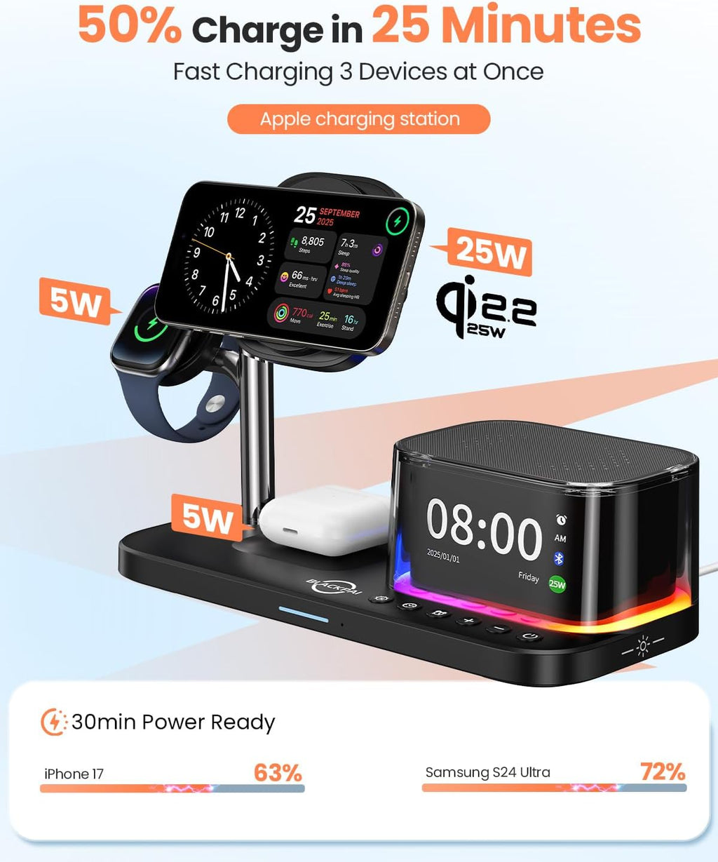 6-in-1 Wireless Charging Station for Multiple Apple Devices with Bluetooth Speakers Alarm Clock Night Light，Qi2.2 Phone Charger Stand for iPhone 17/16/15/14/13/12 Pro Max Apple Watch Airpods