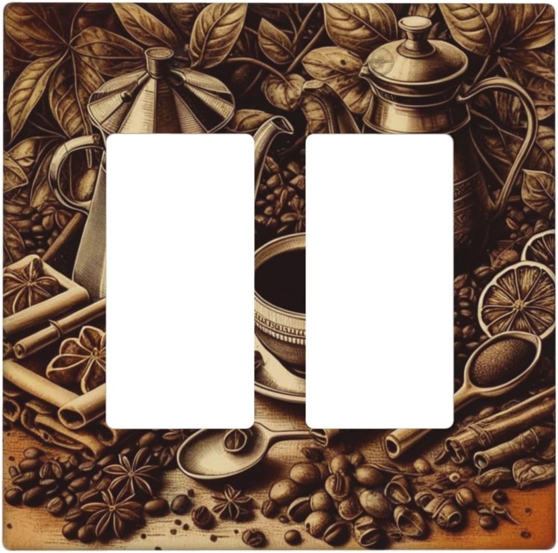 Decorative Outlet Covers Vintage Coffee Beans Leaf Cup 2 Gang Wall Plate Double Rocker Two Switch Wall Cover Plate Jumbo Dual GFCI Faceplate for Kitchen Home Decor