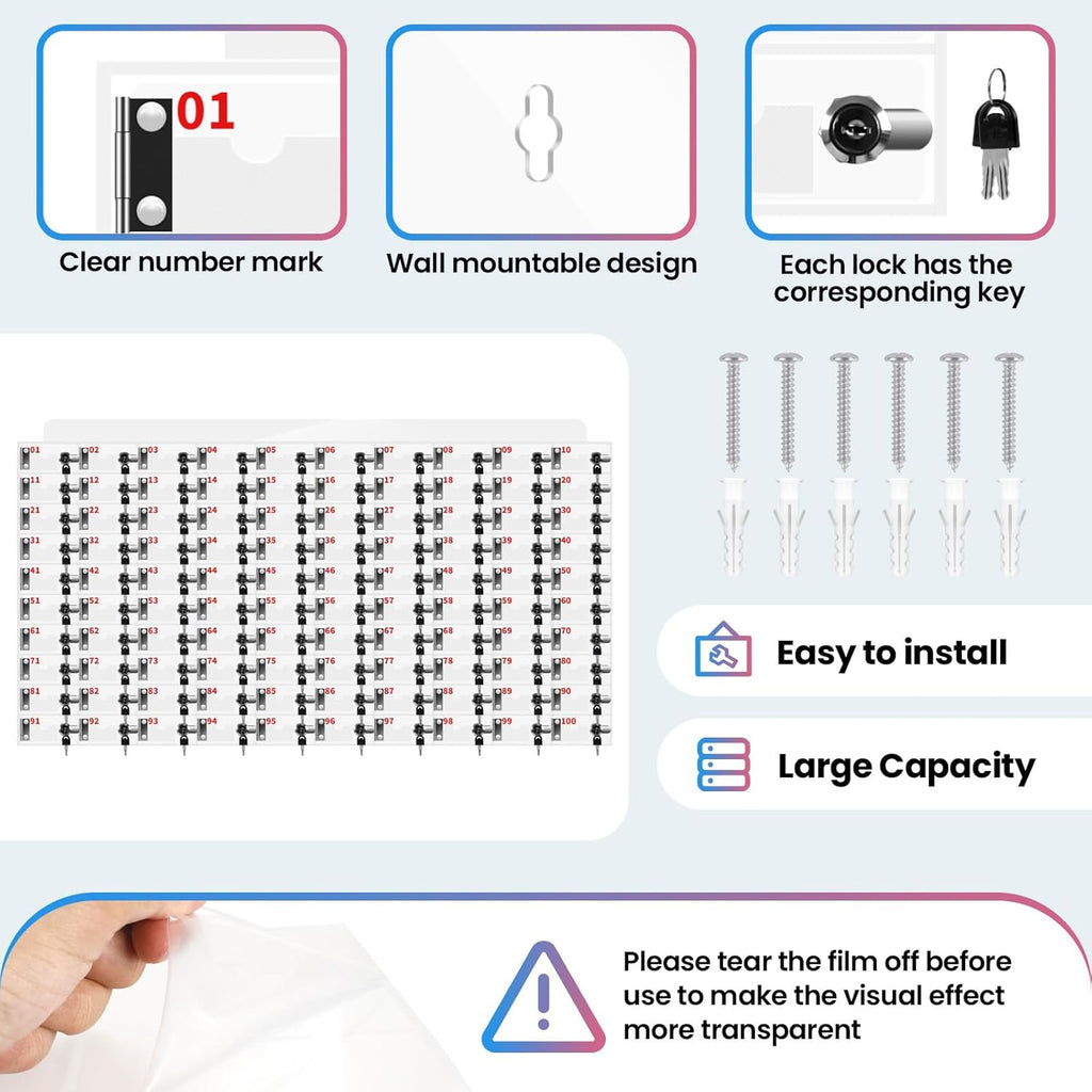 100 Slots Cell Phone Locker Box for Classroom with Door Locks and Keys Clear Acrylic Cell Phone Lock Storage Cabinet Wall Mounted for School Factory Office