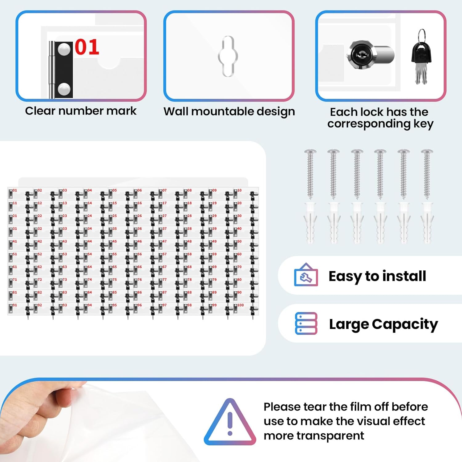 100 Slots Cell Phone Locker Box for Classroom with Door Locks and Keys Clear Acrylic Cell Phone Lock Storage Cabinet Wall Mounted for School Factory Office