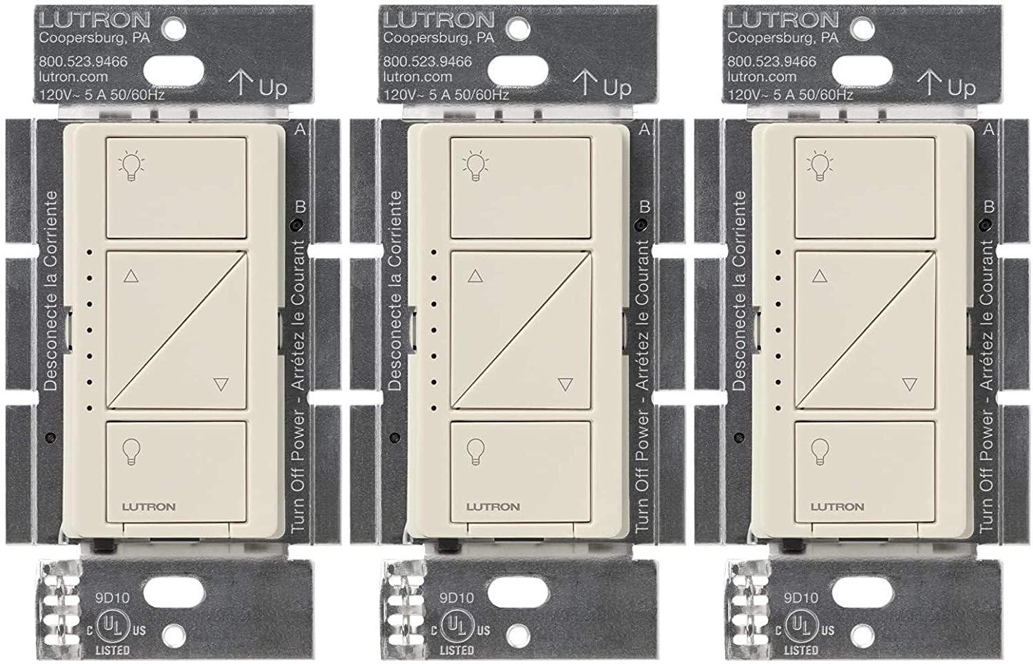 Lutron Caseta Original Smart Dimmer Switch (Lutron Smart Hub Required), for LED Lights, 150 Watt, Single-Pole/3-Way, No Neutral Required, PD-6WCL-LA, Light Almond, 3 Pack