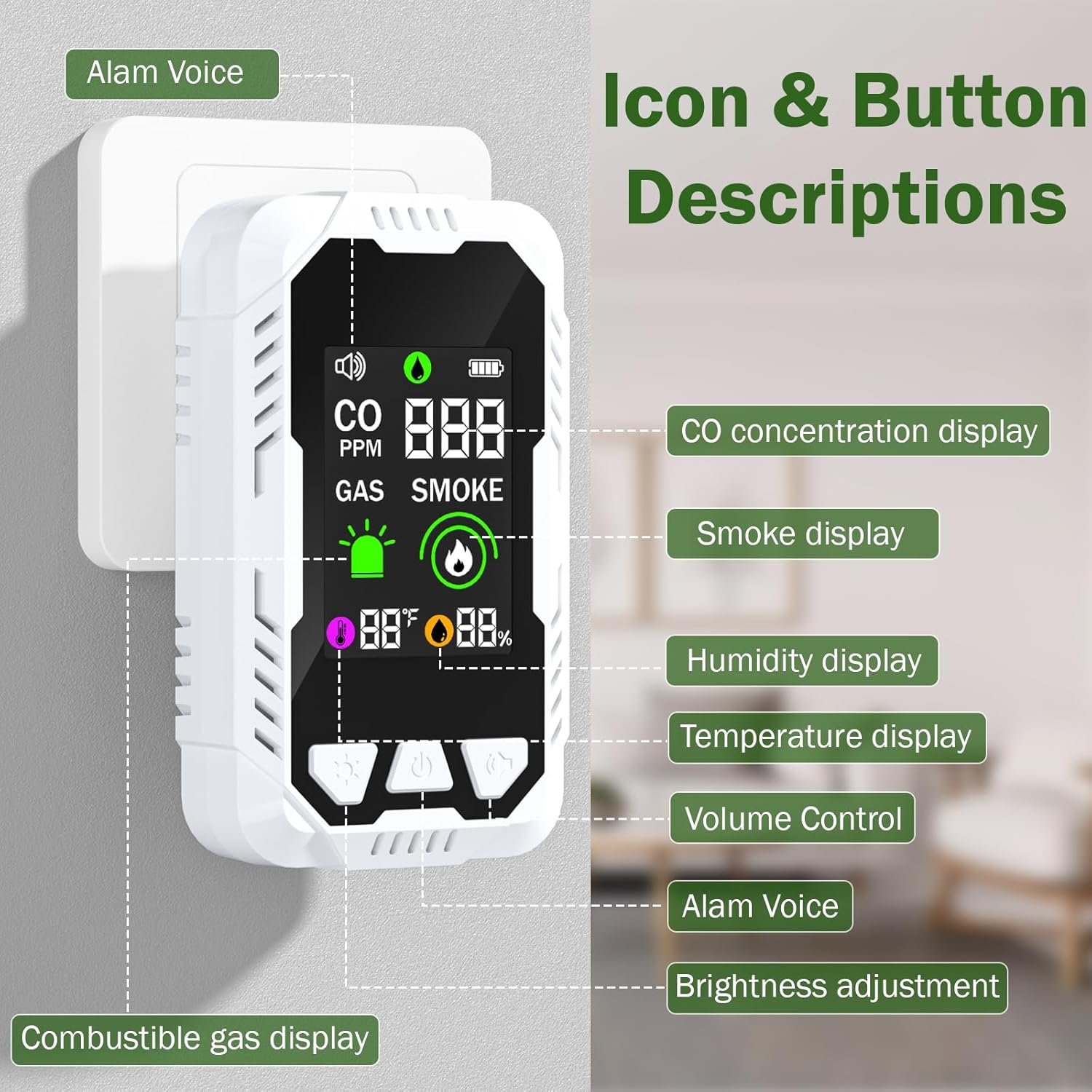 5-in-1 Carbon Monoxide Detector Combo with LCD Display, Detects CO, Natural Gas, Smoke, Temperature, Humidity for Home Hotel, Camping RV, Apartment Safety, Plug-in Monoxide Alarm HD Screen 1 Pack