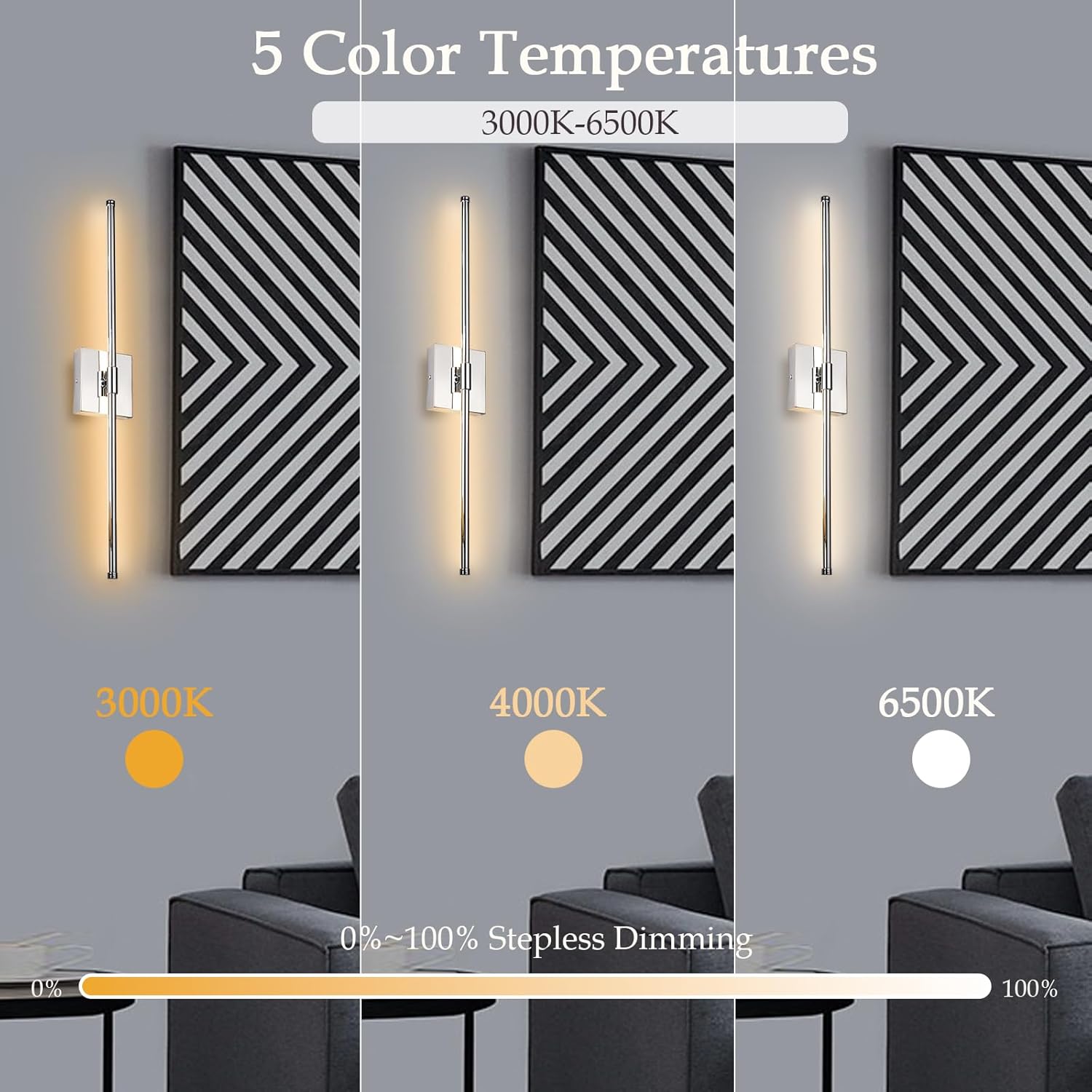 LED Wall Sconce with Remote Control, LED Wall Light, 5 Colors 3000K-6500K & Dimmable, Hardwire Wall Lamp for Living Room, Bedroom, Chrome