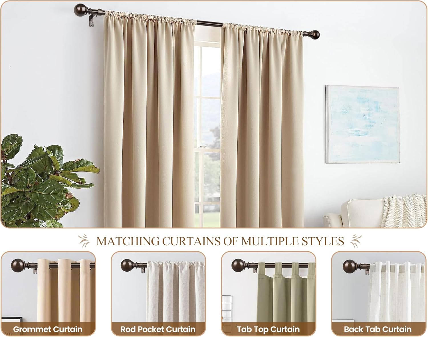 KAMANINA 2 Pack Curtain Rods for Windows 48 to 84 Inch (4-7ft), 7/8 Inch Single Heavy Duty Window Curtain Rod Adjustable Decorative Drapery Rods with Round End, Antique Bronze