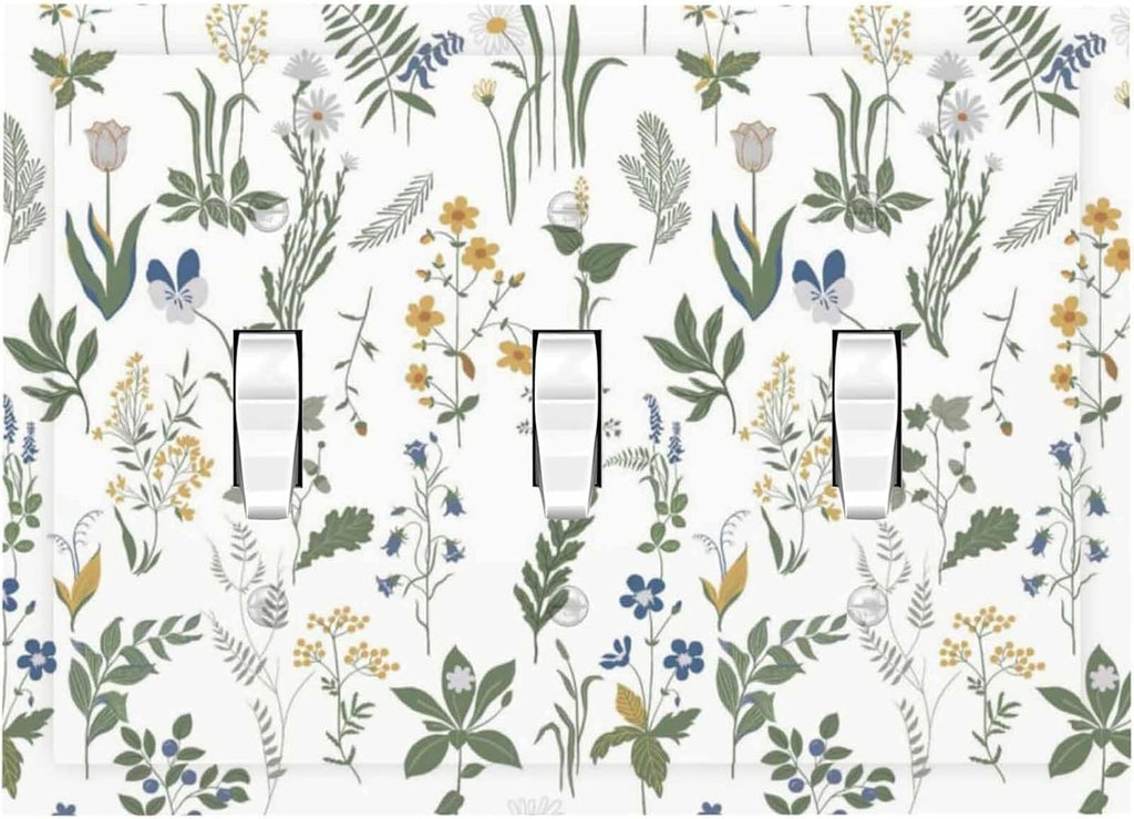 Decorative Switch Plates Floral Green Leaf Plant Flowes 3 Gang Wall Plate Triple Toggle Light Switch Cover Faceplate Electrical Wall Panels For Bed Room Farmhouse Decor