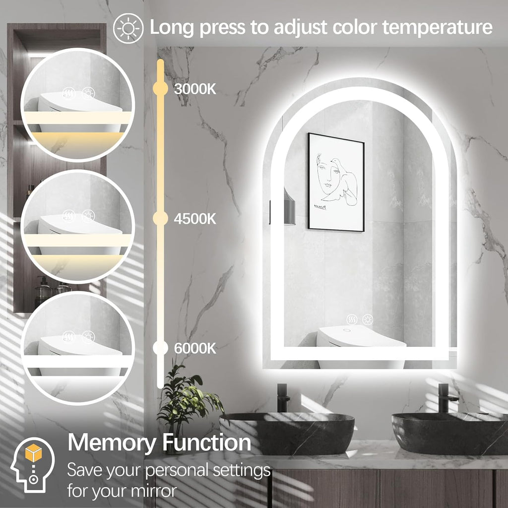 Niccy Arched LED Bathroom Mirror, 36x24 Arch Wall Mounted Frameless Bathroom Mirror for Vanity, Smart Lighted Frontlit Mirrors with Memory Function for Bathroom Bedroom Beauty Hair Salon