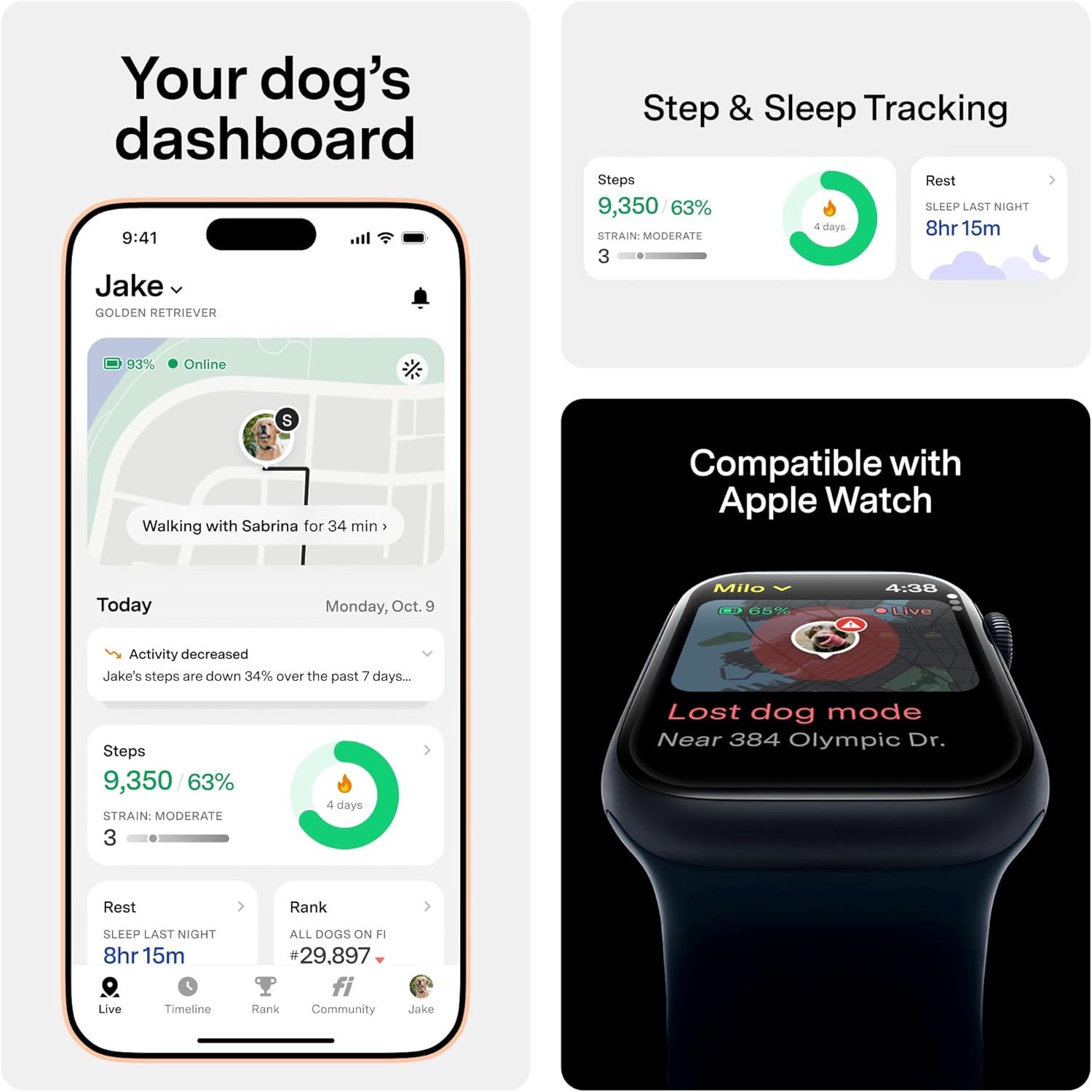 Fi Mini GPS Tracker for Dogs & Cats – Lightweight, Virtual Fences, Escape Alerts, Step & Health Tracking, Waterproof – 6-Month Membership Included