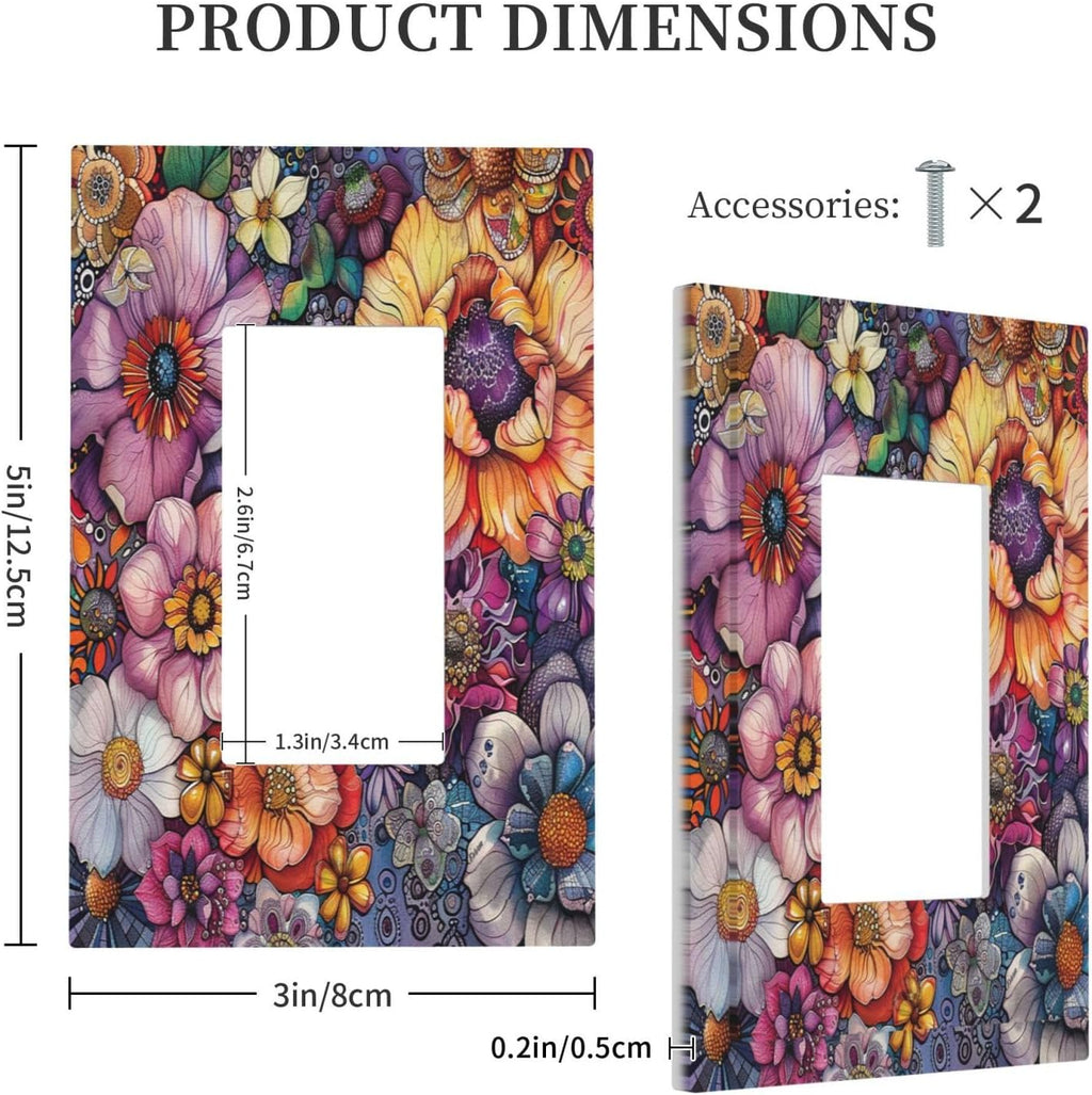 Decorative Outlet Covers Colorful Bohemian Flowers Vintage Boho Floral 1 Gang Single Rocker Light Switch Cover Plate Wall Plates GFCI Faceplate for Bed Room living Room Decor