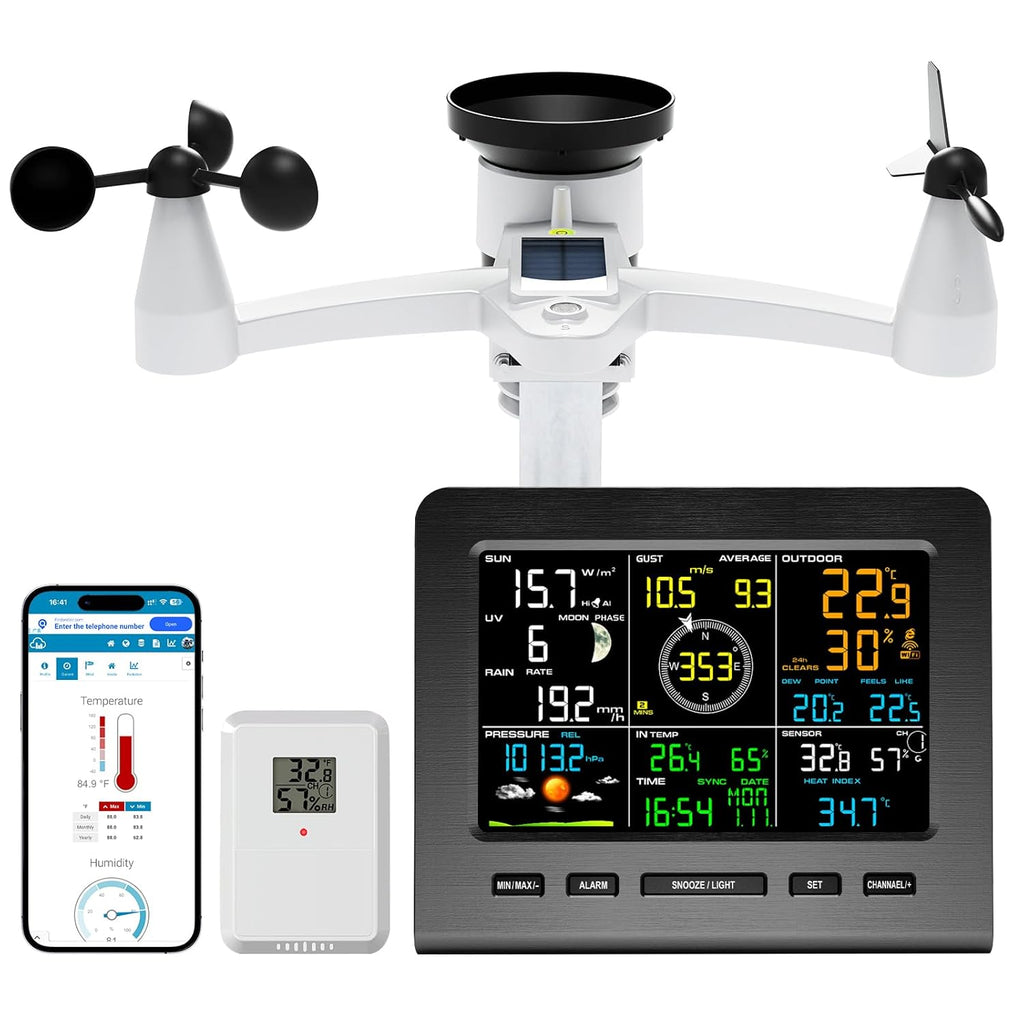 Urageuxy Weather Station Wireless Indoor Outdoor WiFi Weather Stations with Rain Gauge and Wind Speed/Direction,Temperature, Humidity, Weather Forecast, UV/Light, Moon Phase and Alarm