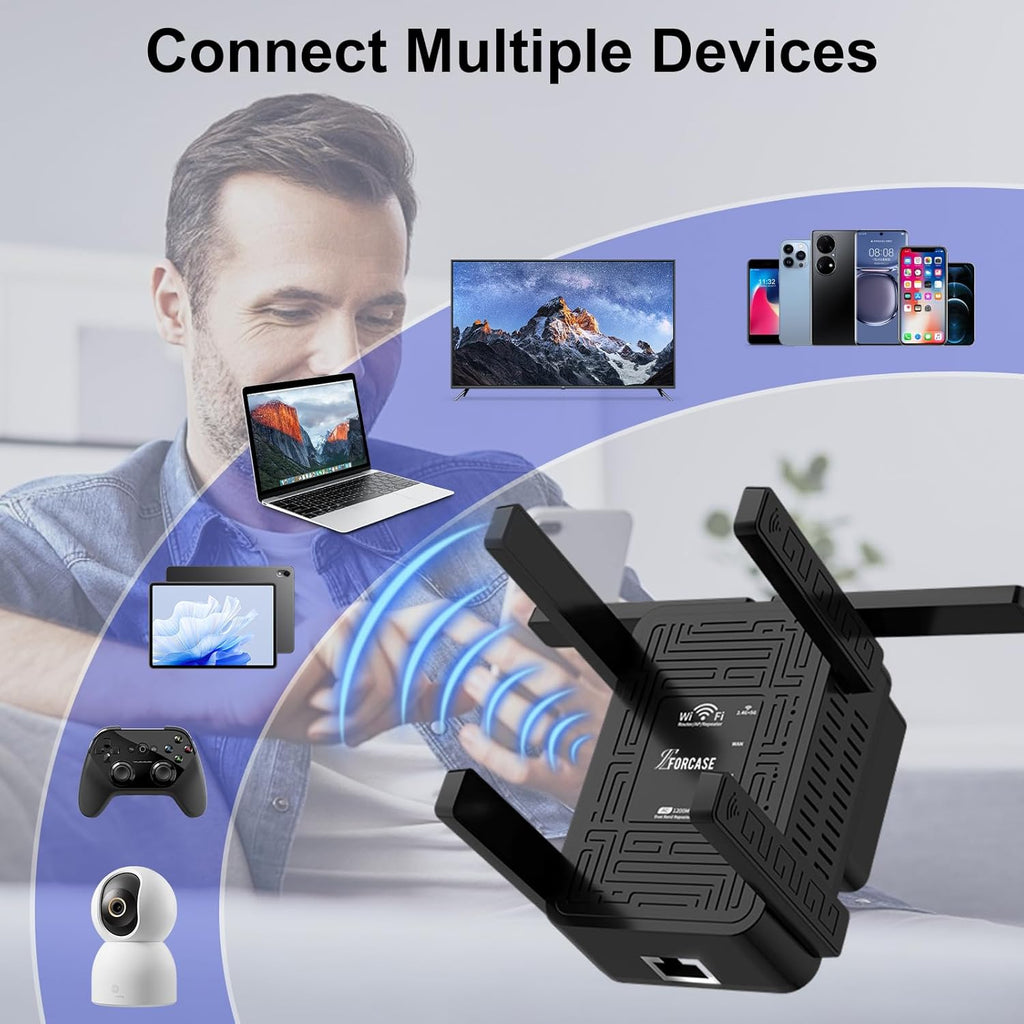 WiFi Extender Signal Booster Dual Band 5.8GHz&2.4GHz, w/6 Antennas WiFi Booster for Home Coverage up to 10200 Sq.ft, Signal Amplifier 1200Mbps WiFi Repeater w/Ethernet Port, 1-Tap Setup,Black