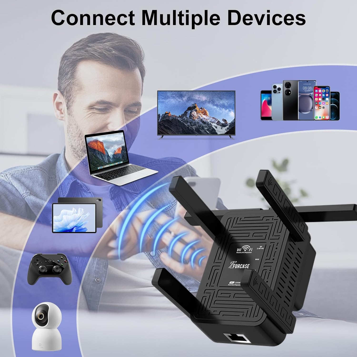 WiFi Extender Signal Booster Dual Band 5.8GHz&2.4GHz, w/6 Antennas WiFi Booster for Home Coverage up to 10200 Sq.ft, Signal Amplifier 1200Mbps WiFi Repeater w/Ethernet Port, 1-Tap Setup,Black