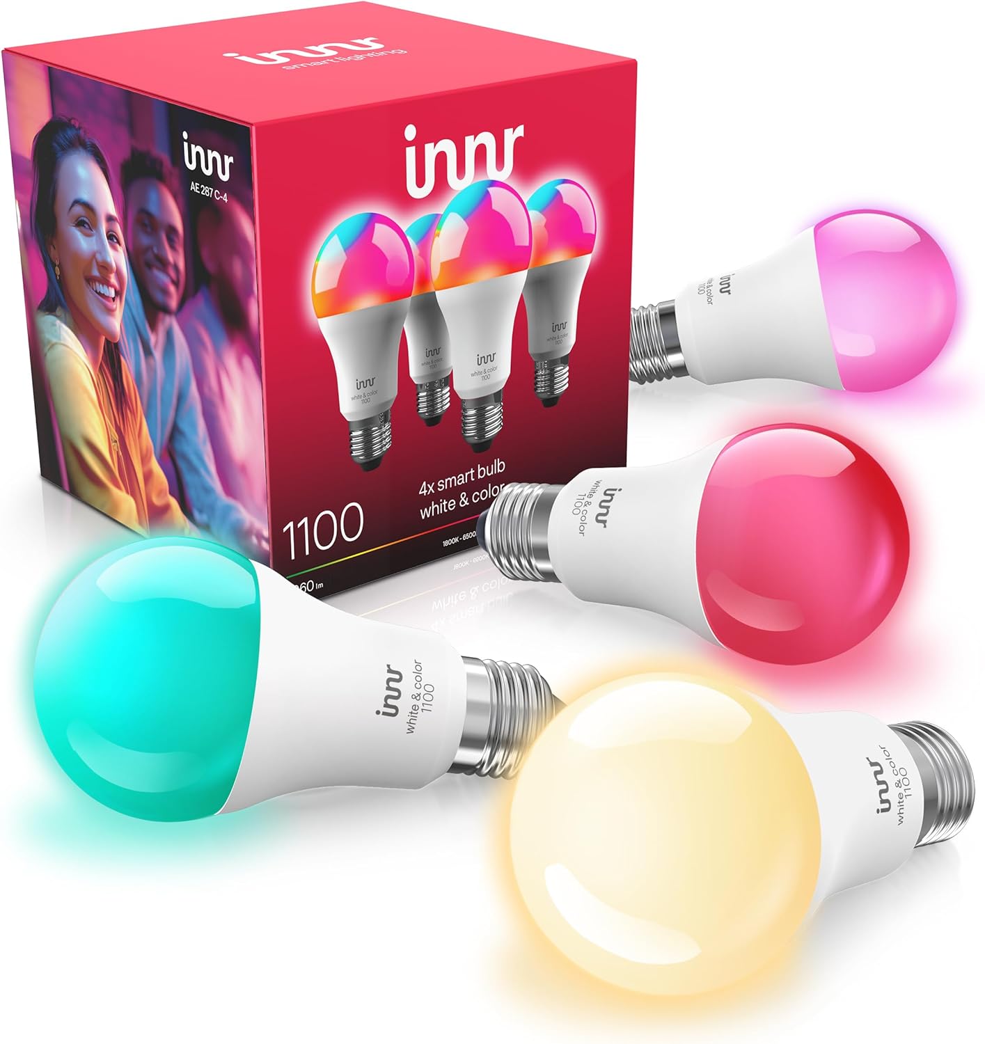 innr Zigbee A19 Smart Bulb, Works with Hue*, Alexa, SmartThings, White & Color, 40% More Brightness, E26 LED Color Changing Light Bulb, Dimmable, 1100 Lumen, 4-Pack