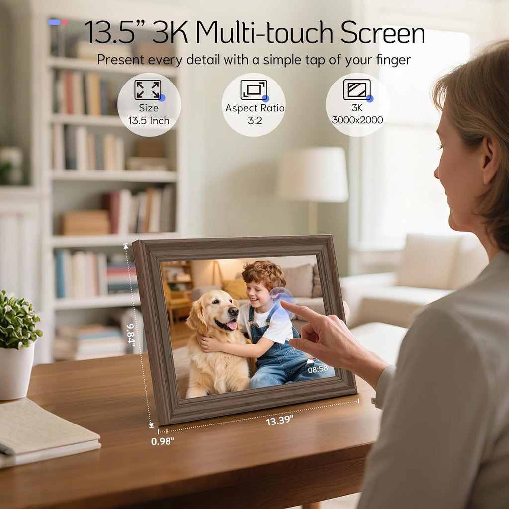 NexFoto 13.5" Touchscreen Digital Picture Frame 3K Resolution, WiFi Electronic Photo Frame 64GB, Add Pics from Google Photos, Share Photos/Videos via App/USB, Gifts for Mom Christmas, Walnut